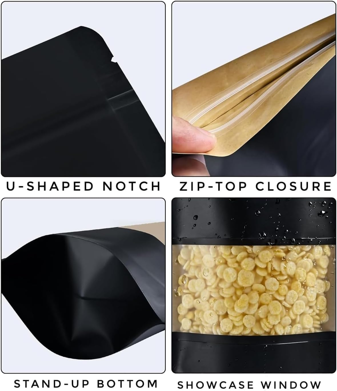 100/50 Pcs Resealable Bags Stand up Black Kraft Paper Bags with Matte Window, Zip Lock Food Storage Bags for Packaging Products, Reusable, Sealable (Black/50Pcs, 10X15Cm) image number 2