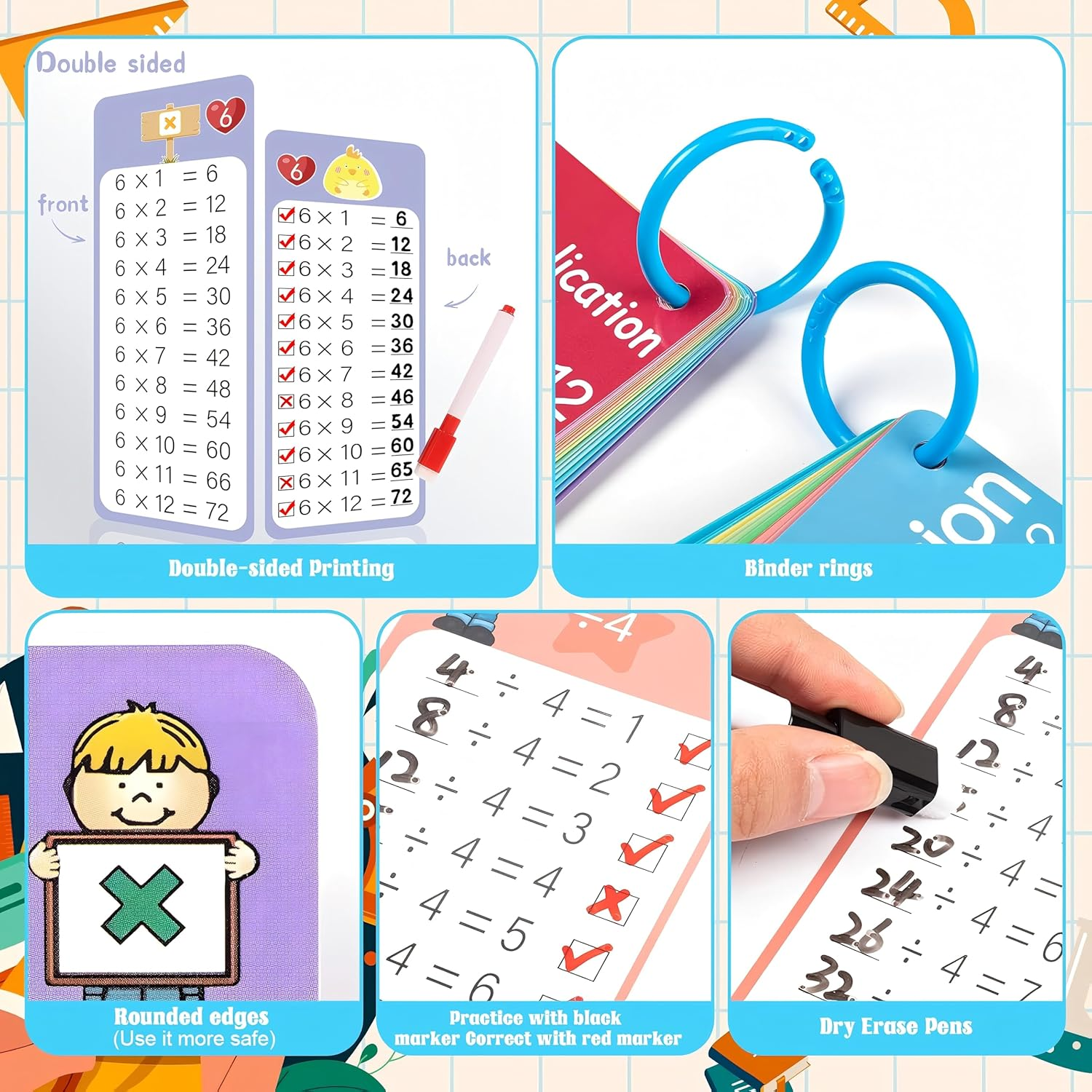 60Pcs Multiplication Division Addition & Subtraction Flash Cards, Math Flash Card Set with 8 Dry-Erase Pens, 4 Rings | Times Table Flash Cards for 1St - 3Rd Grades | Fun Learning with Math Games image number 1