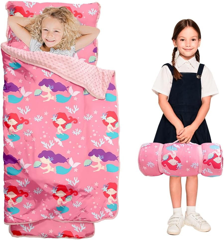 55"X22"X3" Nap Mat with Removable Pillow & Blanket, Kids Sleeping Bag with Reinforced Seams, Super Thick Padding Toddler Nap Mat for Daycare,Preschool,Kindergarten