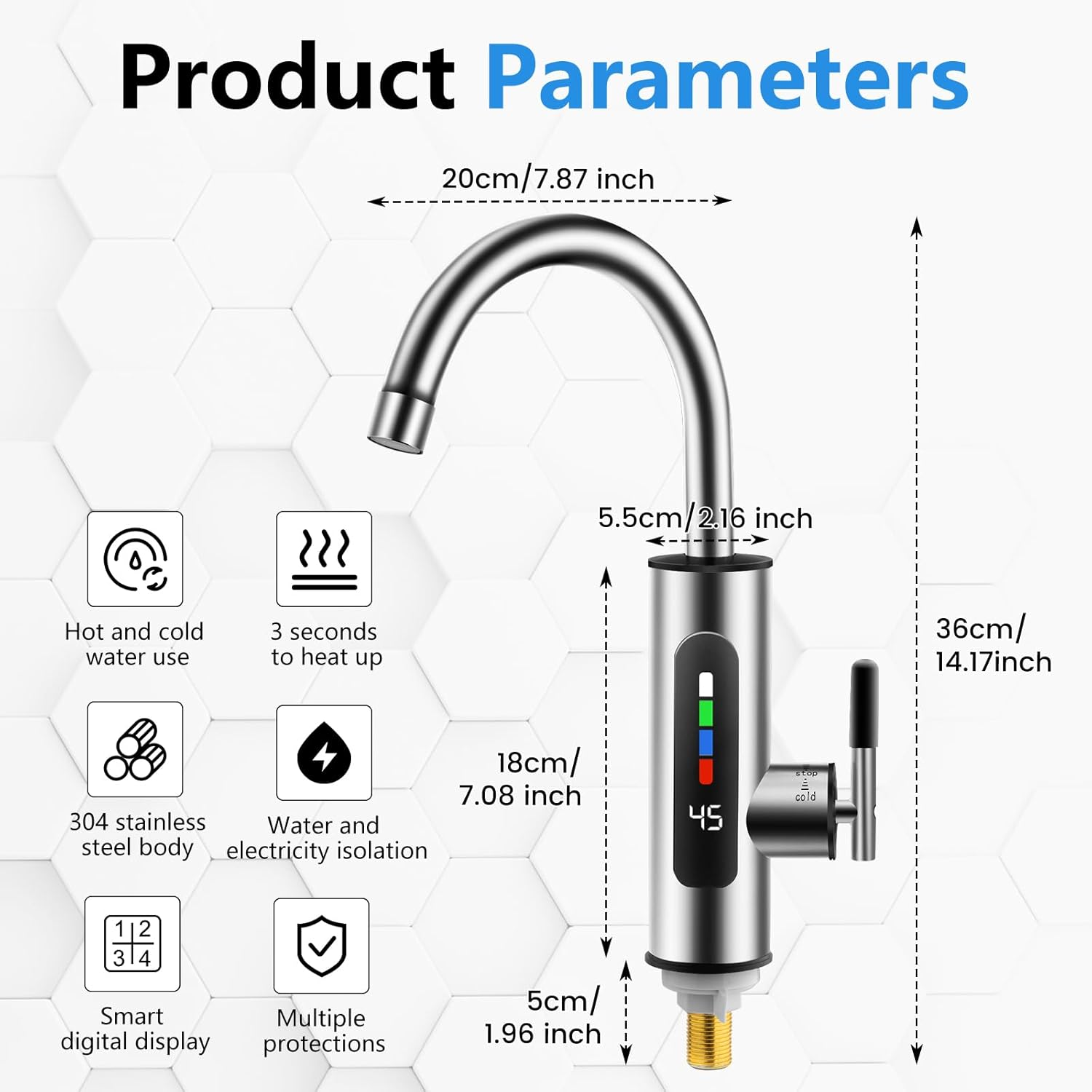Hot and Cold Water Tap, Electric Stainless Steel Tap plus Integrated Instantaneous Water Heater, 360&deg; Rotating LED Instantaneous Water Heater, Tap, Water Boiler [Energy Class A] image number 5