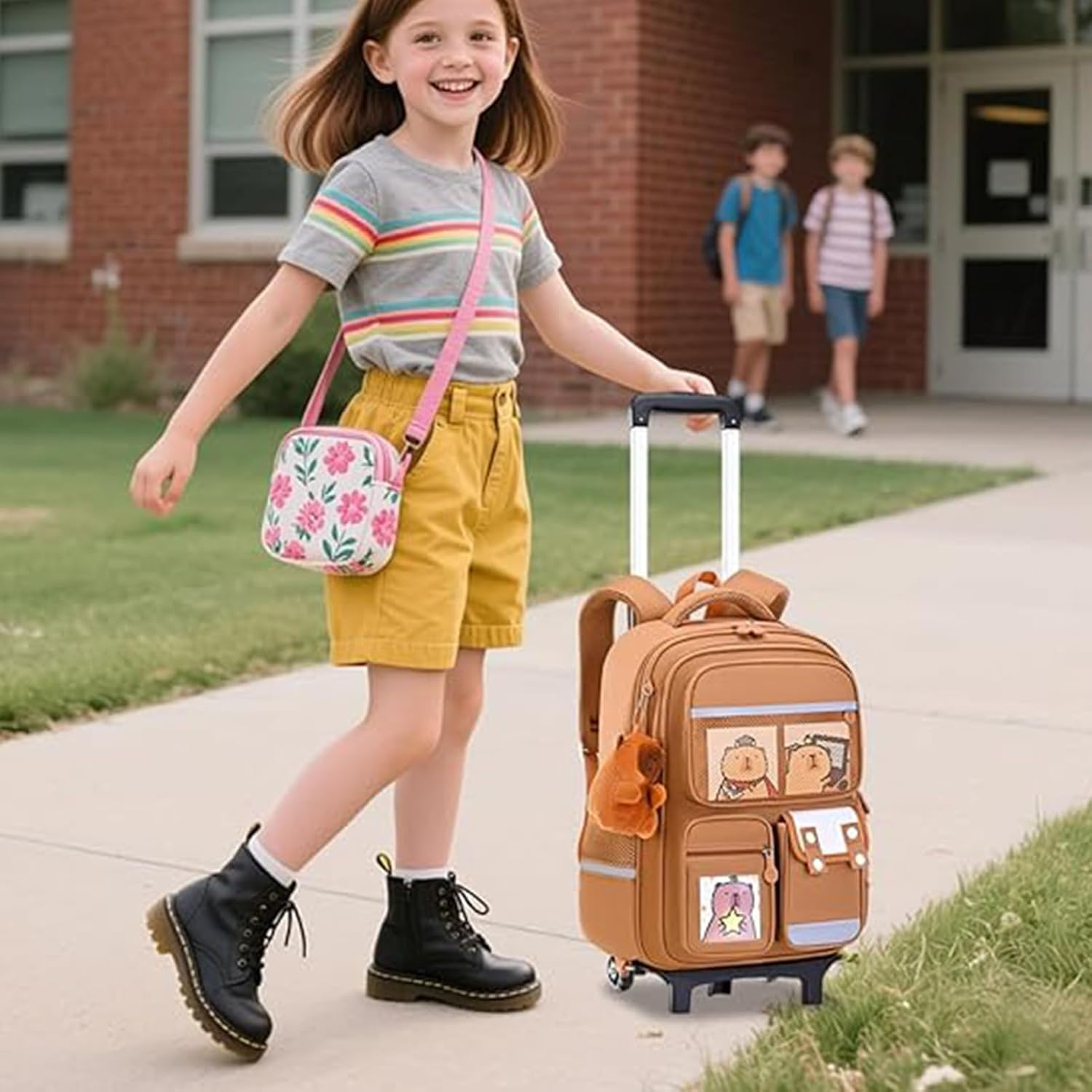 Generisch Rolling Backpack with Capybara Pattern Backpack on Wheels - Extendable Telescopic Handle Height Adjustable Large Capacity Luggage Suitcase for Girls Children College Travel Plane, Six Rounds