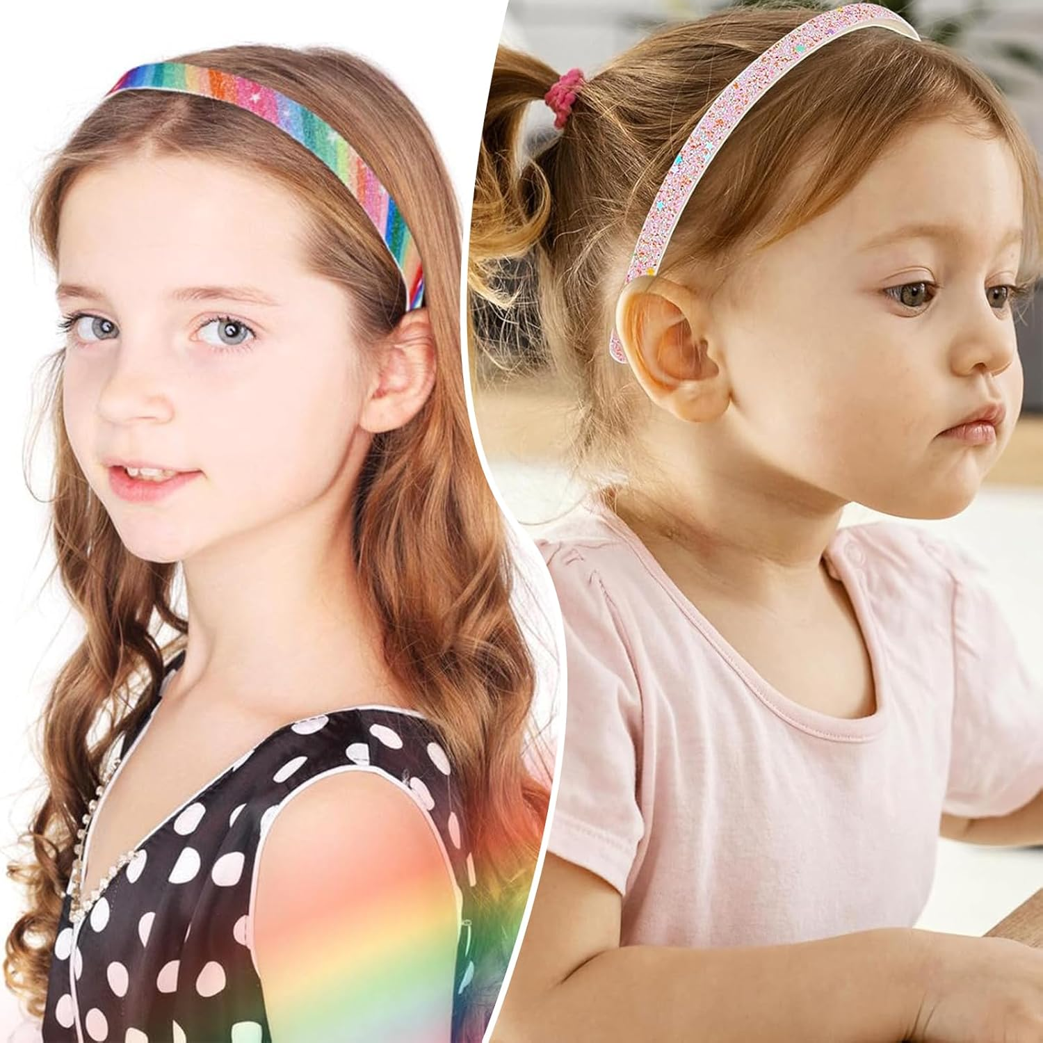 Pack of 5 Girls' Headbands, Colourful Hair Band, Plastic, Glittering, Cute, Non-Slip, Thick, Glittering, Confetti, Rainbow Hair Bands with Teeth for Little Girls