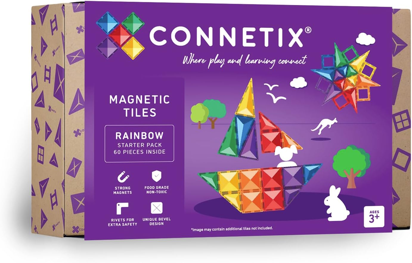 CONNETIX Magnetic Tiles Rainbow Starter Pack, 60 Pieces