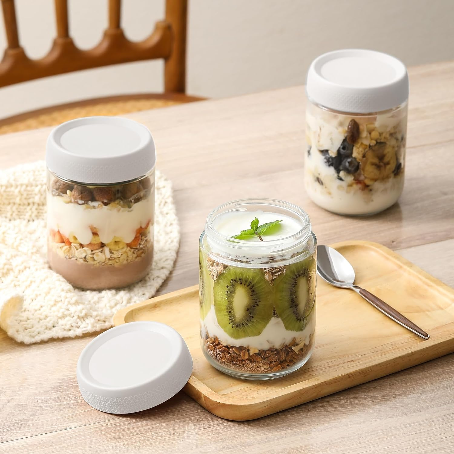 6 Pack Overnight Oats Containers with Lids, 16Oz Clear Glass Mason Jars with Airtight Lids, Breakfast Oatmeal Container to Go, Salad Meal Prep Jars for Salad Food Cereal Snacks Pudding Yogurt Storage image number 3