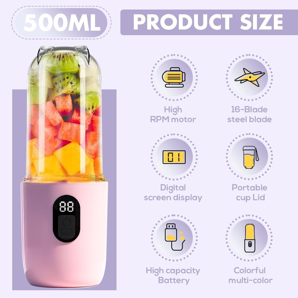 Portable Blender, 500Ml Blender Smoothie with Digital Display, Rechargeable Mini Blender Portable 1500Mah Battery, 16 Blades Blender Smoothie for Travel Kitchen Office Outdoor, Pink image number 3