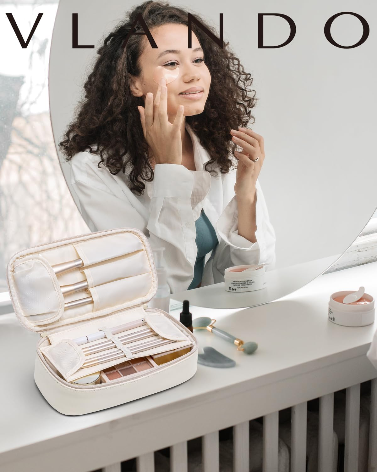 Vlando Travel Makeup Bag, Small Travel Beauty Bag Cosmetic Bag for Women Portable Makeup Organizer Case Bag Makeup Brush Organizer Pouch-White, Pillow White-Large - 01-Apricot White image number 2