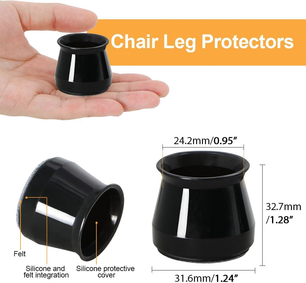 32Pcs Black Chair Leg Floor Protectors,Bar Stools Leg Protectors Caps,Dining Room Chair Leg Protectors for Hardwood Floors, Chair Leg Covers Silicone Felt Furniture Pads (Small Fit: 23-32.9Mm) image number 5