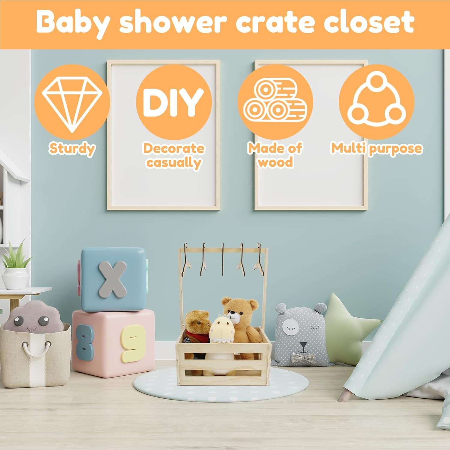 Wooden Baby Shower Crate Closet, Baby Storage Crate with Handle, Decorative Basket for Baby Shower Gifts, Welcome Gift Basket for Newborn Boys Girls, Pregnancy Gifts for New Parents
