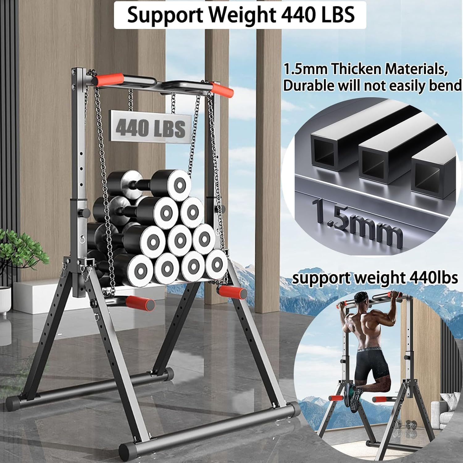 PTEROMYS Power Tower Pull up Dip Station Assistive Trainer Multi-Function Home Gym Strength Training Fitness Equipment for Home Outdoor, Triangular Structure,Support 440Lbs (Black) image number 2