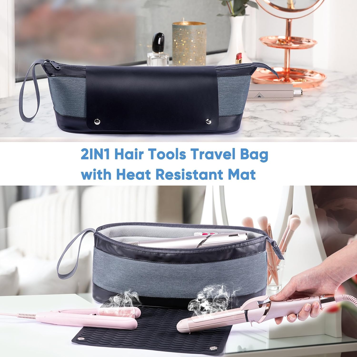 ELCUPA 2IN1 Hair Tools Travel Bag with Removable Heat Resistant Mat Curling Iron Travel Case, Hair Dryer Organizer for Flat Irons, Straighteners and Haircare Accessories, Hot Tools Travel Bag Hair image number 5