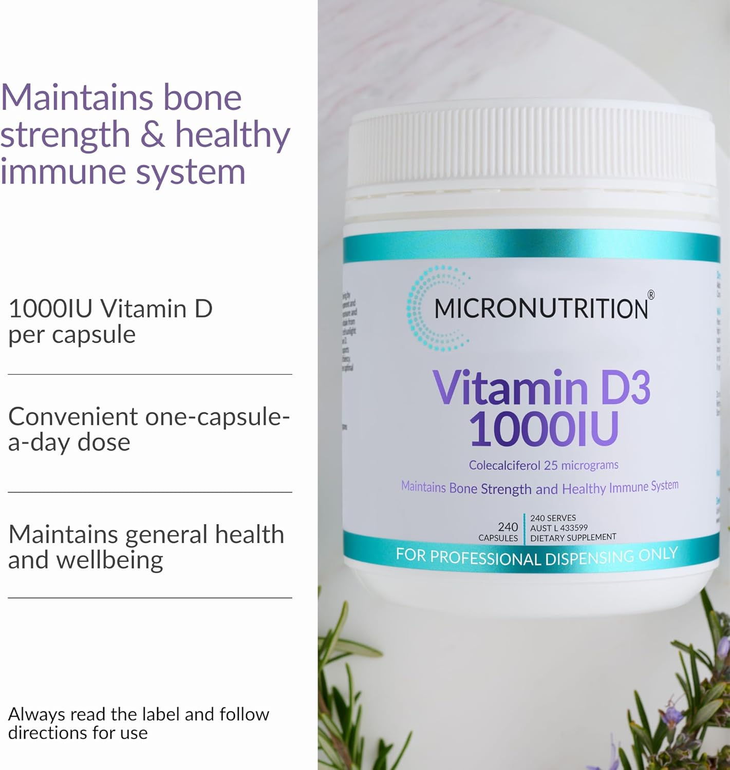 Vitamin D3 1000IU | Colecalciferol 25 Micrograms | 240 Capsules | One-A-Day | Supplement for Vitamin D Deficiency | Immune System Support | Bone Health | 240 Serves - MICRONUTRITION image number 6