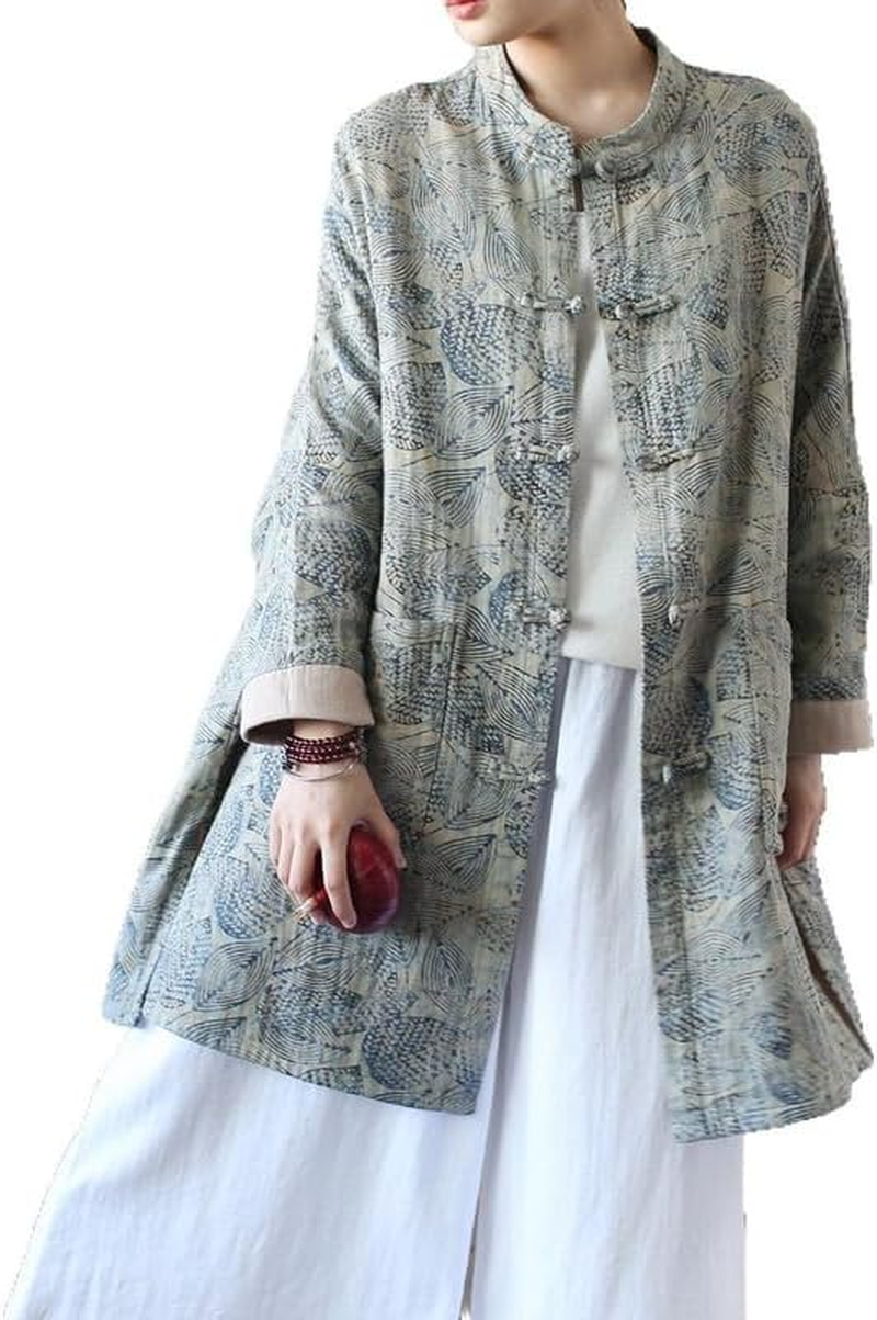 Women'S Vintage Chinese Style Cotton Linen Jacket Long Sleeve Frog Button Loose Leaf Print Tunic Top image number 3