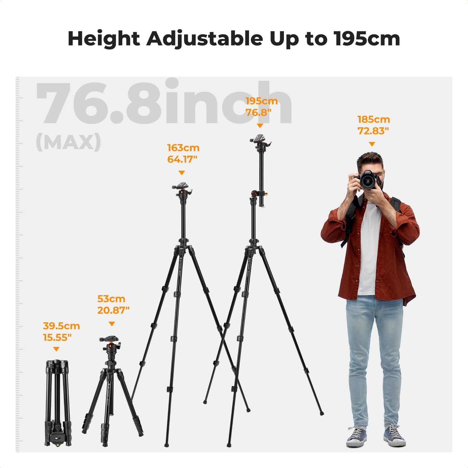 K&F Concept 76 Inch Camera Tripod with Rotatable Multi-Angle Center Column,Lightweight Travel Outdoor DSLR Tripods with 360 Degree Ball Head Load Capacity 8Kg/17.6Lbs, Cellphone Clips for Smartphone image number 3