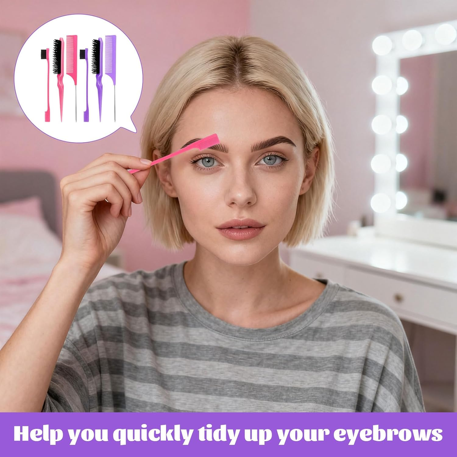 Slick Back Brush, 6 Pcs Slick Brush Set, Slick Hair Brush, Bristle Hair Brush, Rat Tail Comb, Edge Brush, Hair Styling Tools for Women Parting Comb Styling Tools & Appliances (Pink & Purple) image number 5