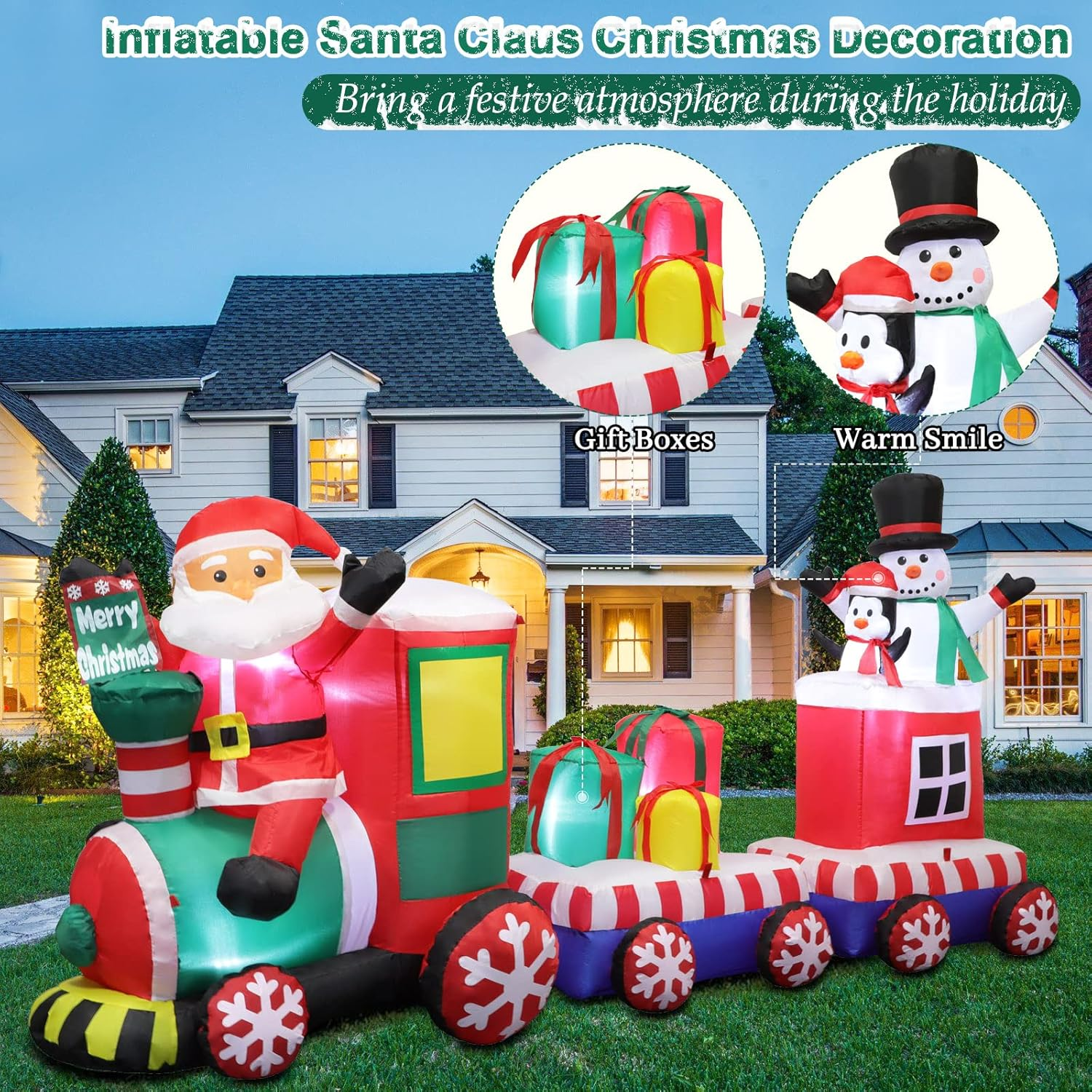 8 FT Christmas Inflatable Train with Santa Claus, Snowman, Penguin, Gift Boxes, Blow up Yard Decorations with Built-In Lights, Lovely Xmas Train Carriage for Holiday Display Lawn Garden Party Decor