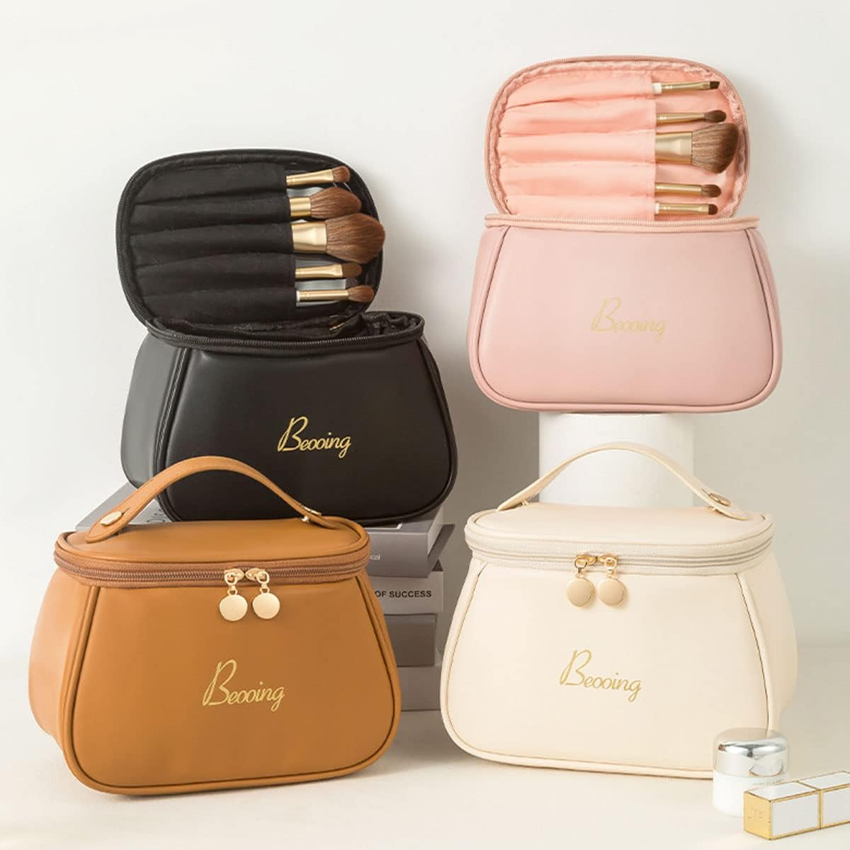 Cube Style PU Modern Simple and Large Capacity Cosmetic Bag for Easy Carrying of Travel Ladies' Makeup Bag (Pink)