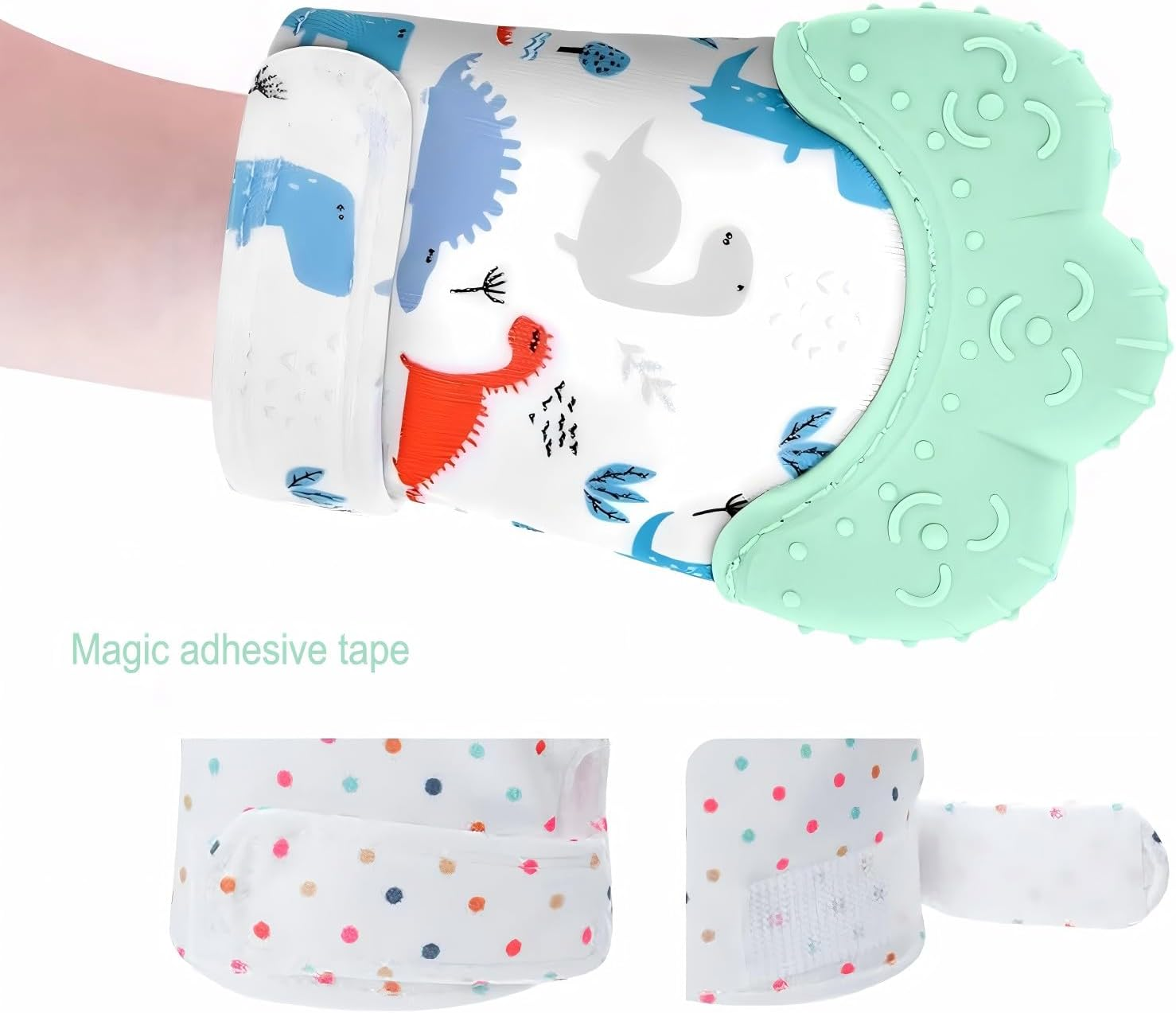 2 Pack Baby Mittens Teething Relief, Baby Teething Toys 3-6 Months, Soothing Infant Mitten Pain Relief, Prevent Scratches Glove, Safe Silicone Baby Teether Toys for 0-12 Months Green Dinosaur image number 3