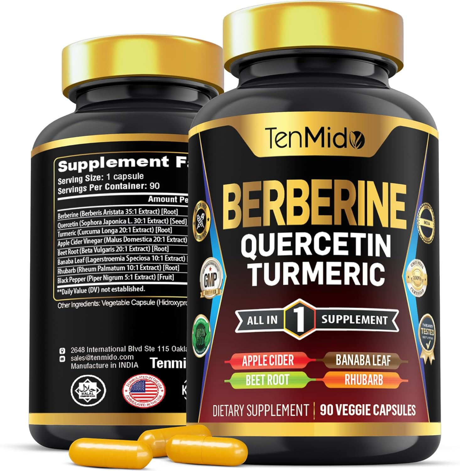 Berberine Supplement for Men and Women, 8In1 Formula with Quercetin, Turmeric, Apple Cider Vinegar, Beet Root & More - Digestive, Immune Support - Rich in Nutrient - 90 Capsules image number 1