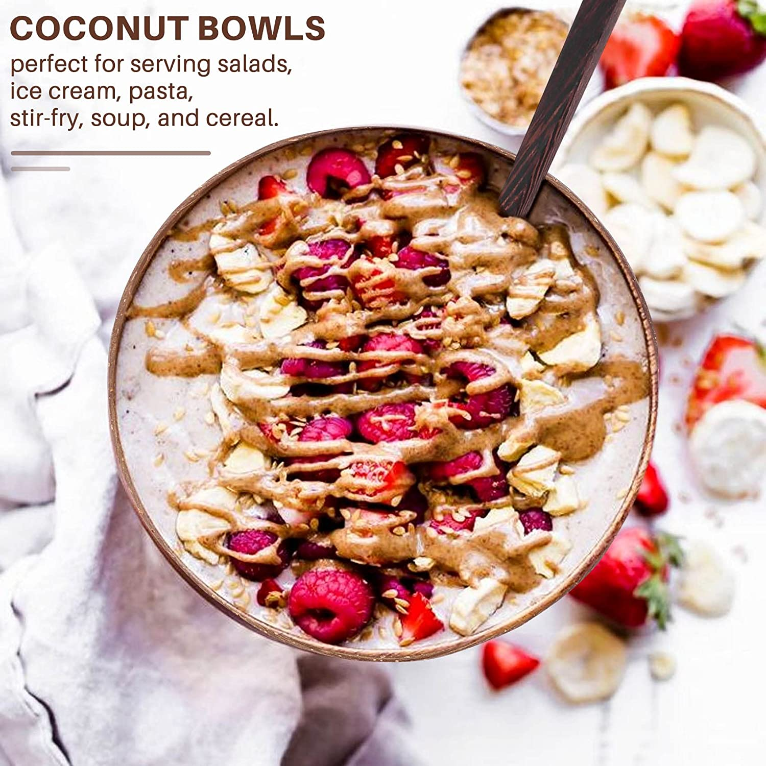 Coconut Bowl Set Handmade Coconut Shell Tableware Wood Spoon Dessert Fruit Salad Mixing Bowl Rice Ramen Bowl, 6 & 6 Spoons image number 2