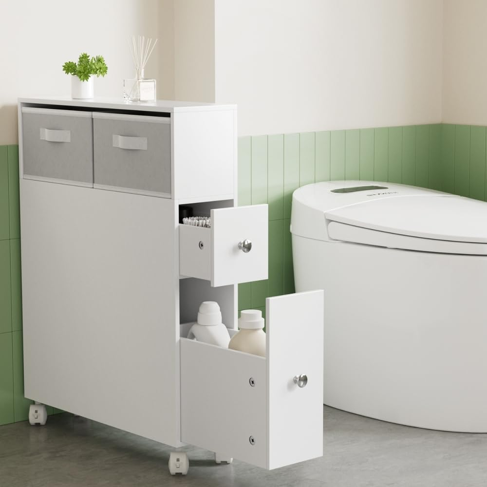 Artiss Bathroom Storage Cabinet, 70Cm Height Cupboard Side Table Corner Shelf Wall over Toilet Roll Storages Cabinets Home Furniture Organiser Accessories, with Wheels Slim Space Saving White image number 5