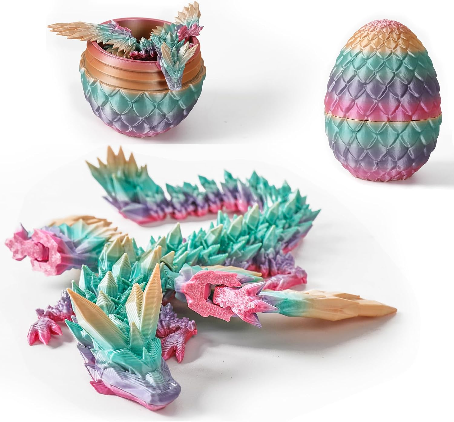 3D Printed Crystal Dragon Fidget Toy for Adults - Articulated Posable Surprise in Egg - Gifts for Home Office Desk Decor (Colorful)