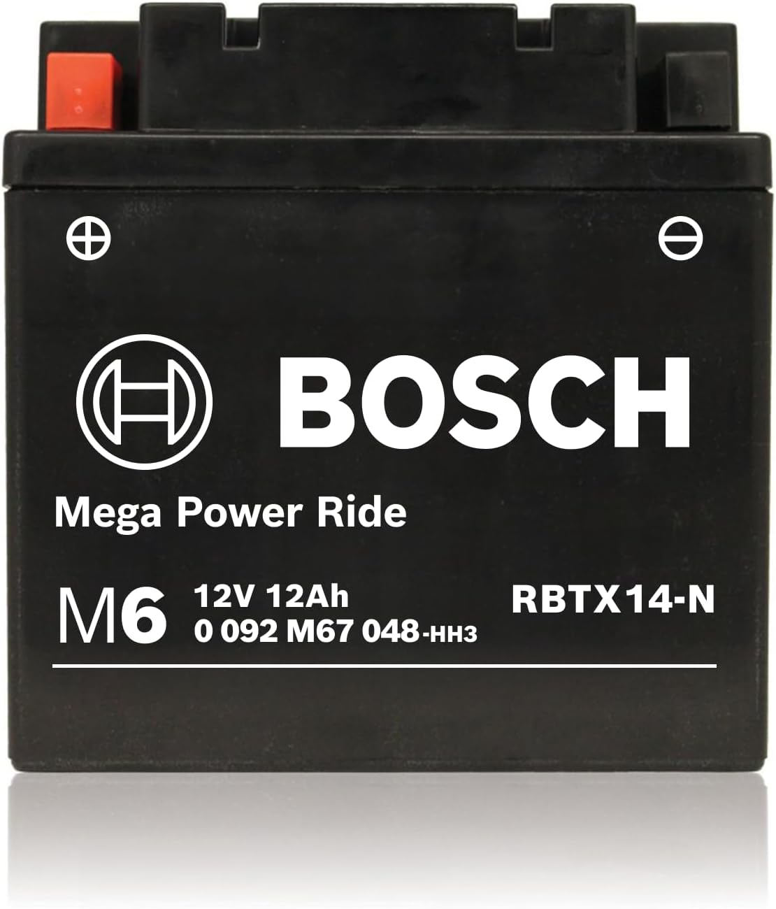 Bosch AGM Motorcycle Battery, Powersport Battery M6 RBTX14-N Mega Power Ride - 12V, 12 A/H Rate, 200 CCA, Lead-Acid for Two-Wheeler Vehicles, Type B, Left (+) Right (-), 150 X 87 X 145 Mm