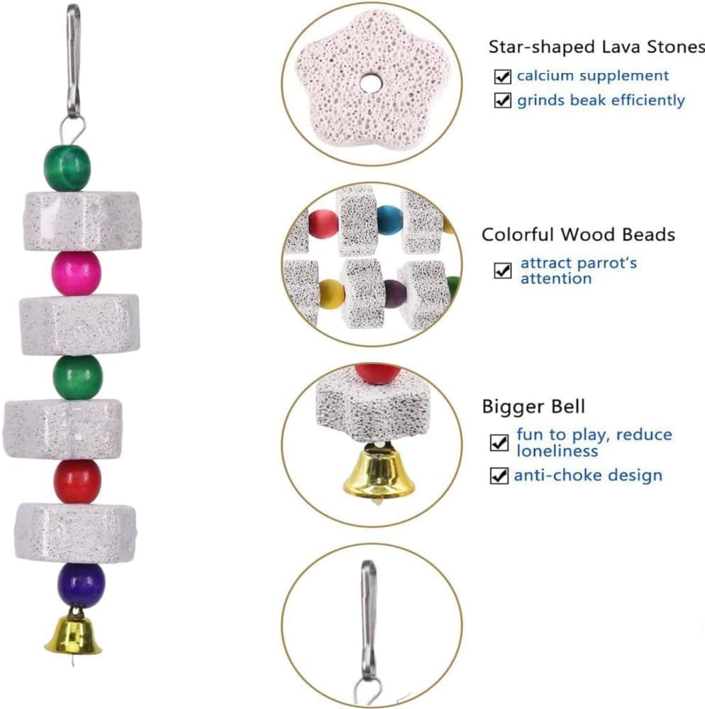 Bird Beak Grinding Stone with Bell, 2Pcs Parrot Beak Trim Calcium Stone Cage Toys, Pet Bird Chew Toy Lava Stone Parrot Chewing Toy Beak Trimmer Calcium Stone