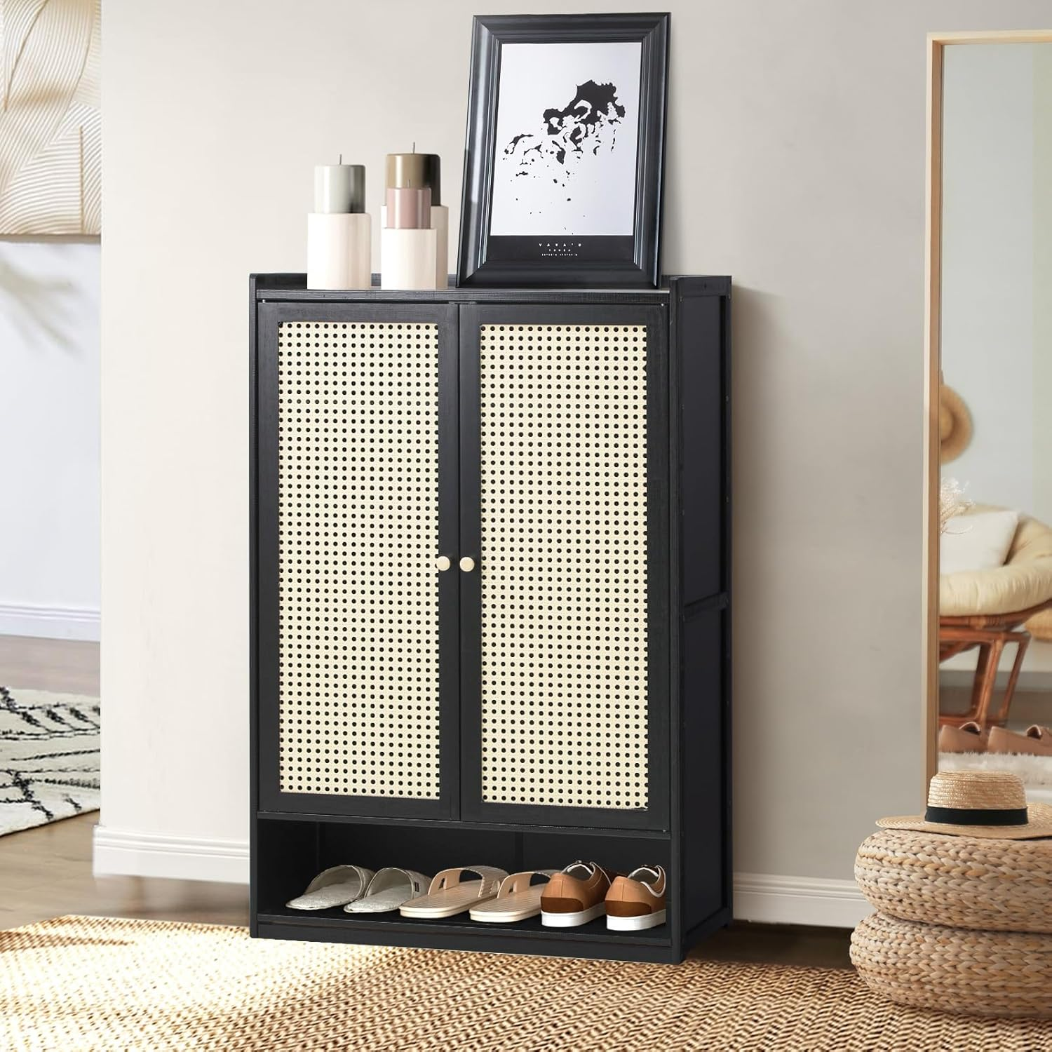 Oikiture Shoe Storage Cabinet with Rattan Door and 6 Tier Shelves Shoe Rack Storage Hallway Wooden