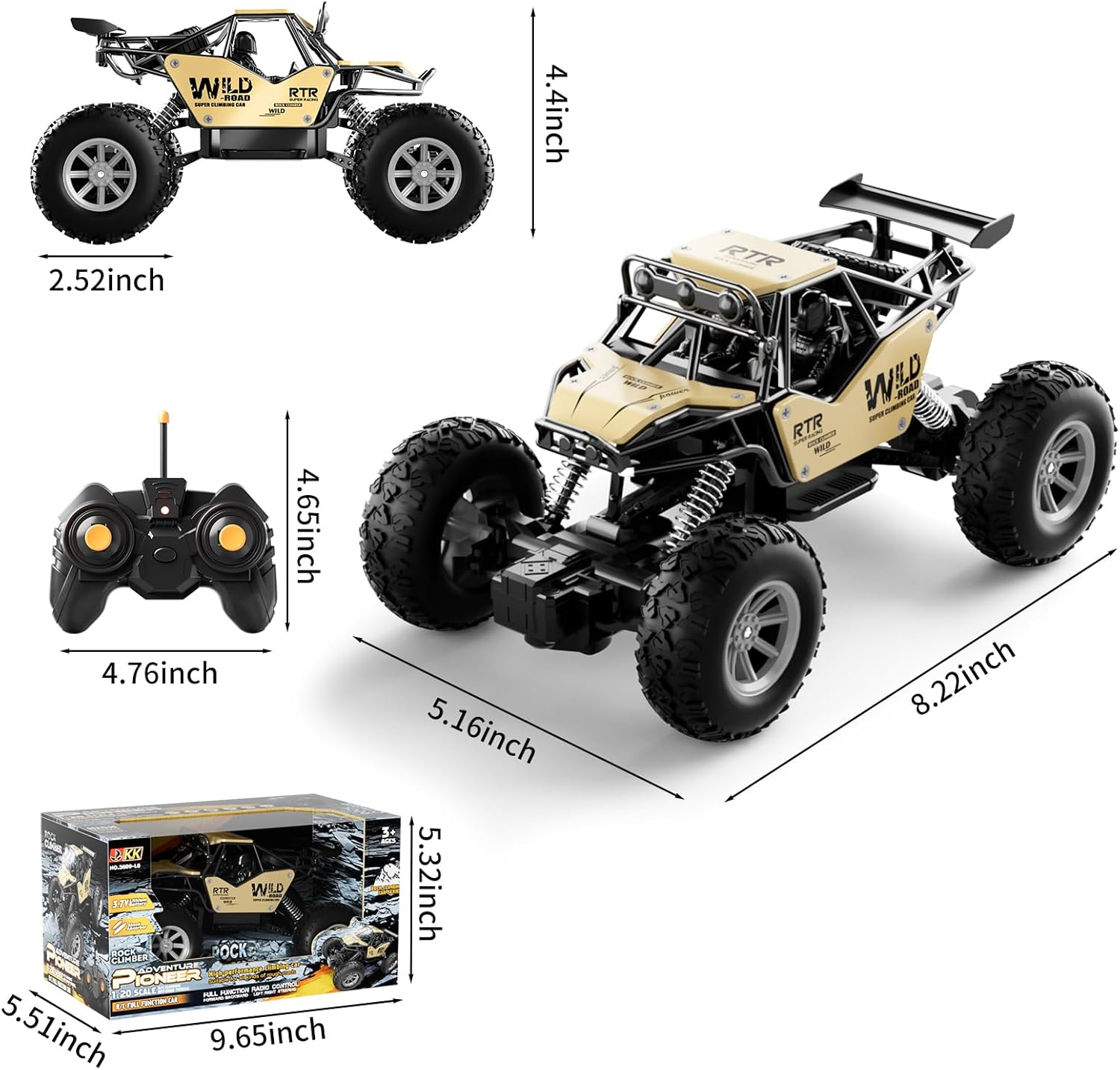 Remote Control Car for Kids,1:20 Scale RC Monster Trucks,Metal Shell 4WD LED Headlight RC Off-Road Vehicle for All Terrain Rock Climb Car for Kids Boys Toys (Gold) image number 6