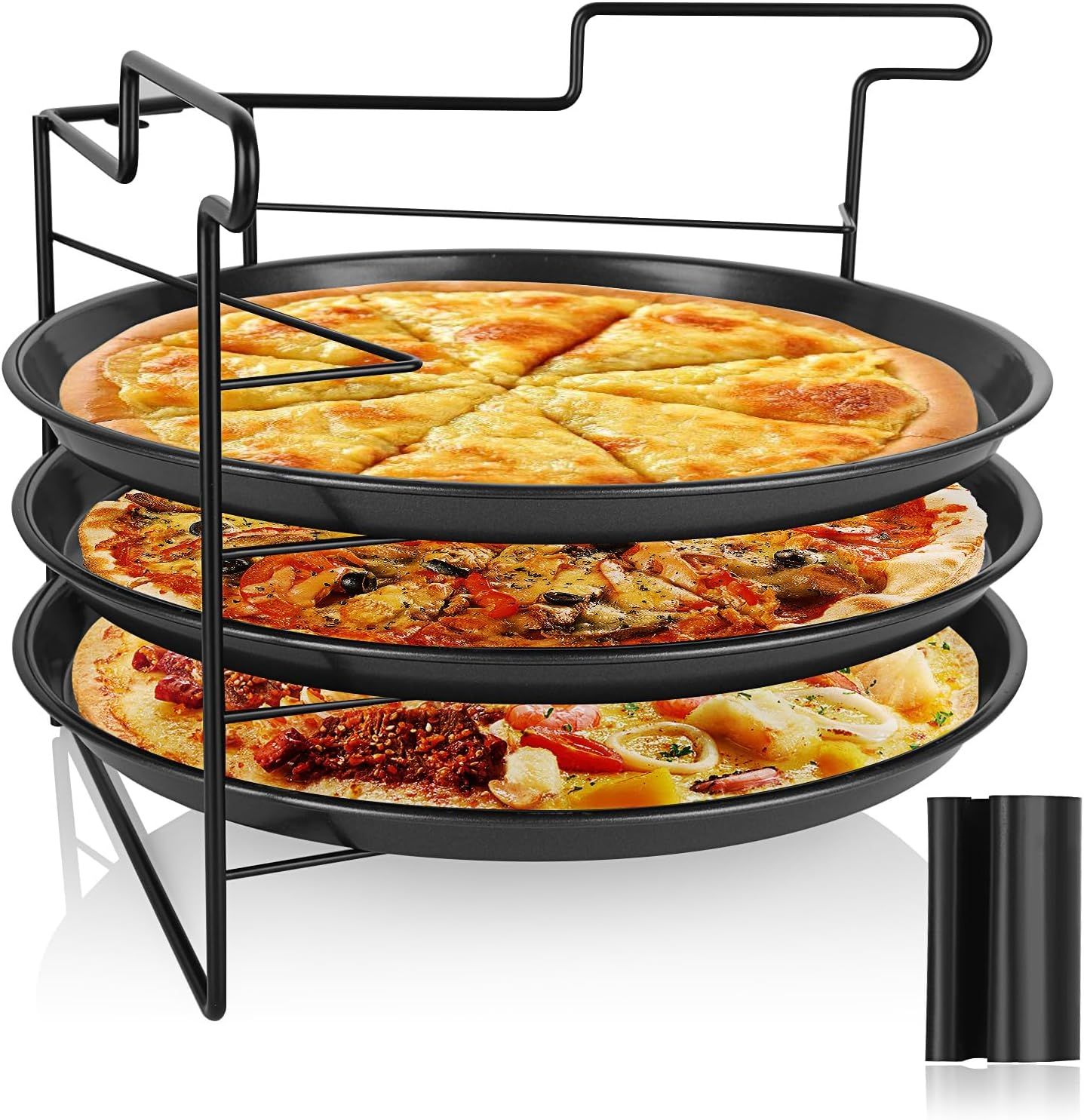 SIMTWO Pizza Tray Set of 3 with Folding Rack, Non-Stick Pizza Pans for Oven, 11Inch/28Cm round Pizza Baking Tray image number 2