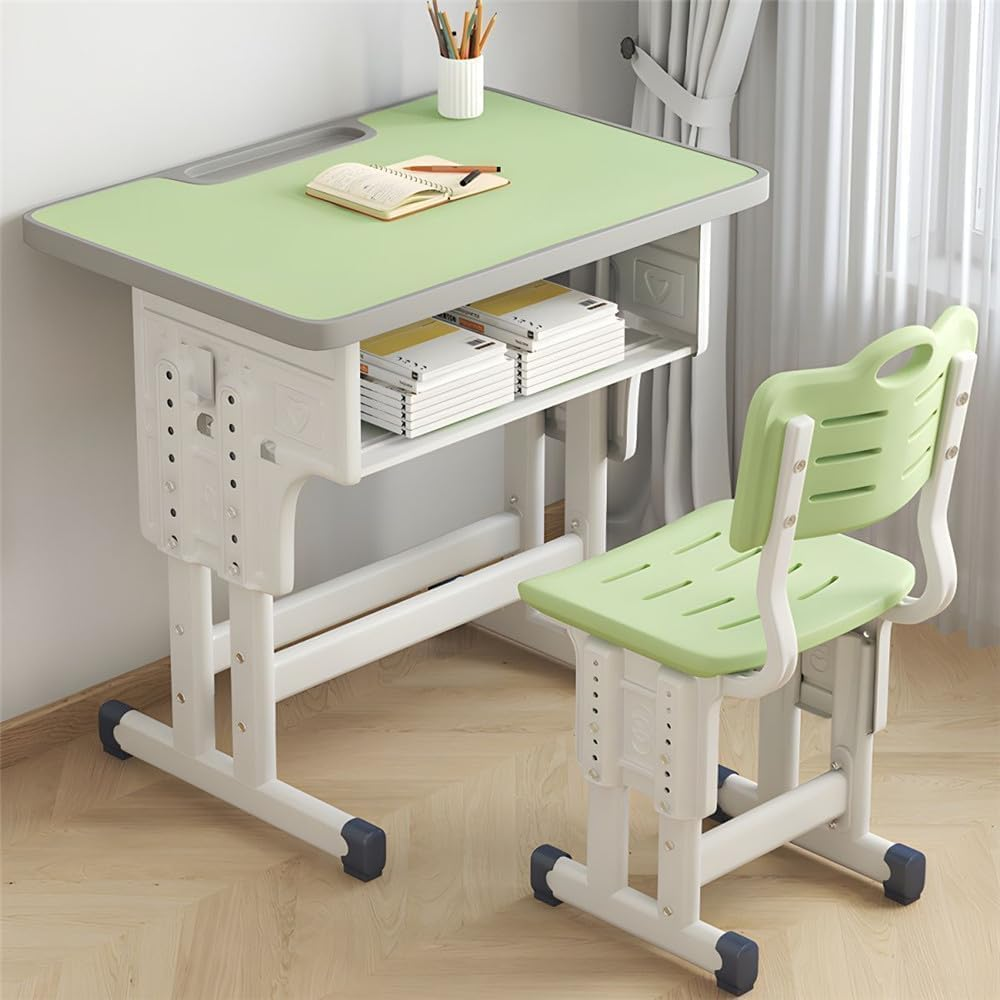 Kids' Desk Chair Sets, Adjustable Height Children Study Desk and Chair Set Large Storage Drawer, Multifunctional School Student Writing Study Table and Chair Set, Ergonomic Design (Green)