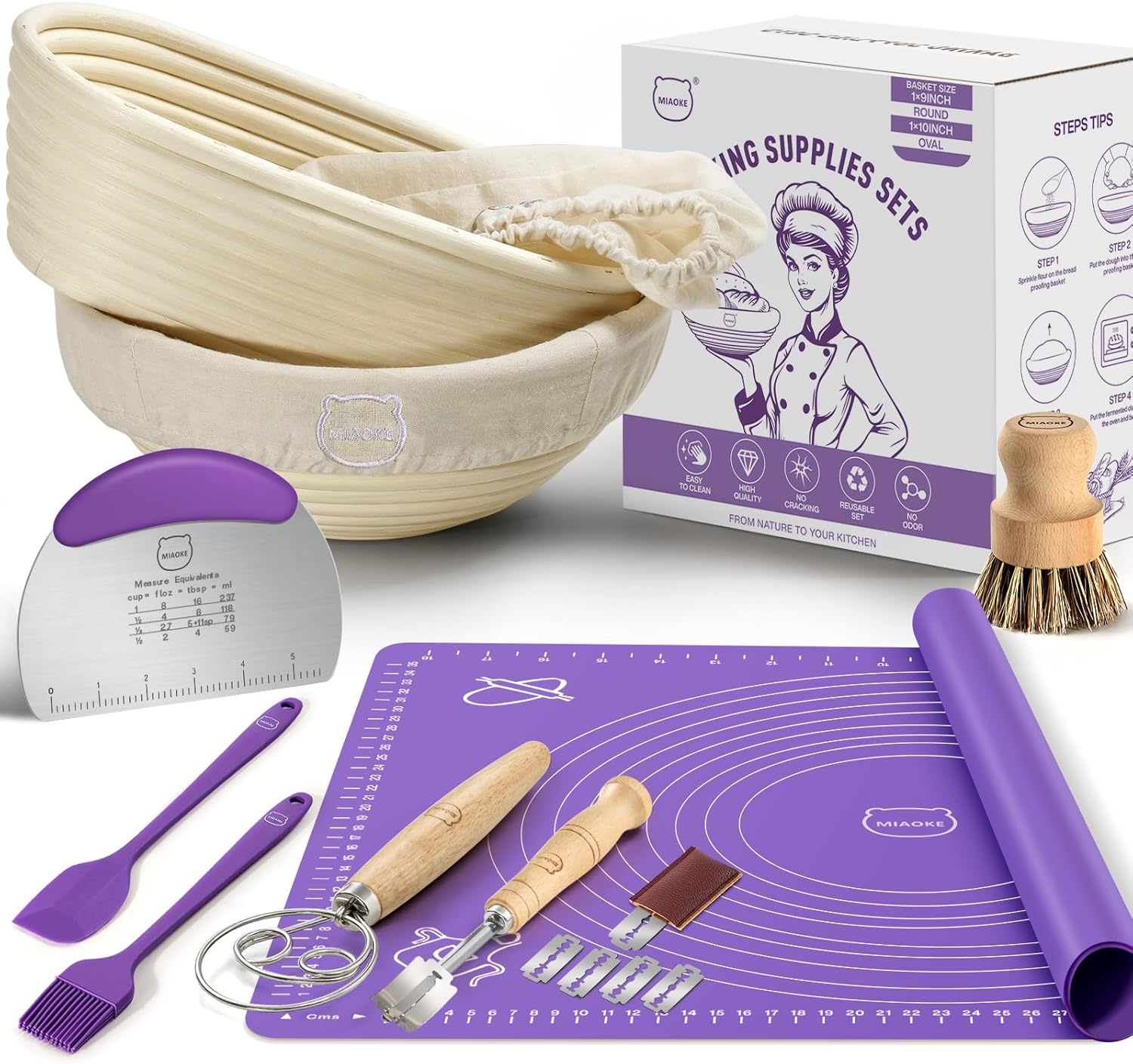 MIAOKE Sourdough Bread Baking Accessories Proofing Basket Kit - Dough Whisk, Bread Lame, Proofing Baskets 10 Inch round and 9 Oval, Dough Scraper, Cooking Brush, Basket Liner Complete Sourdough