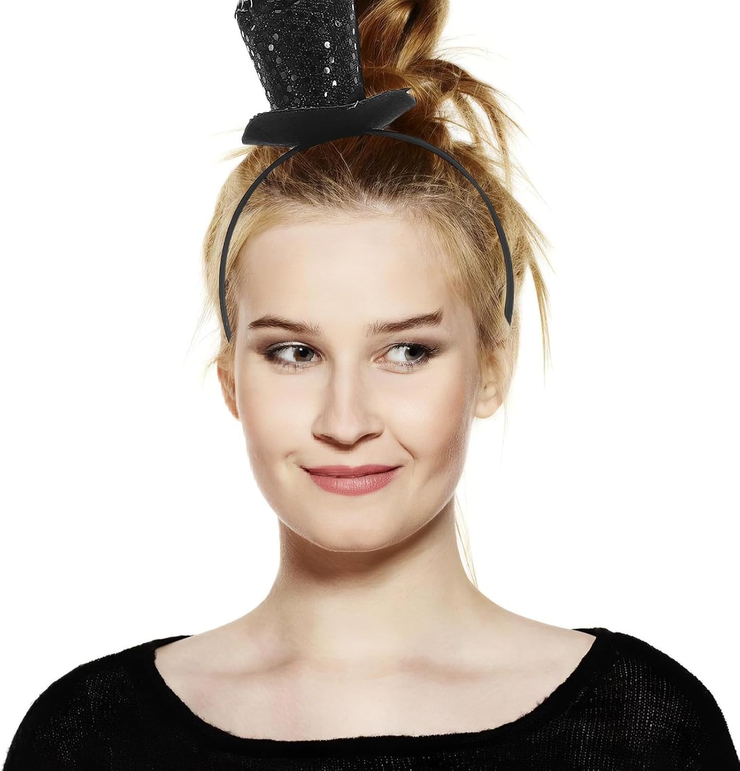 UKCOCO Sequin Headband with Bow Mini Cylinder Style Black Glitter Hair Band for Women Ideal for Tea Party, Halloween, Cosplay, 20S Party and Photo Accessory image number 4