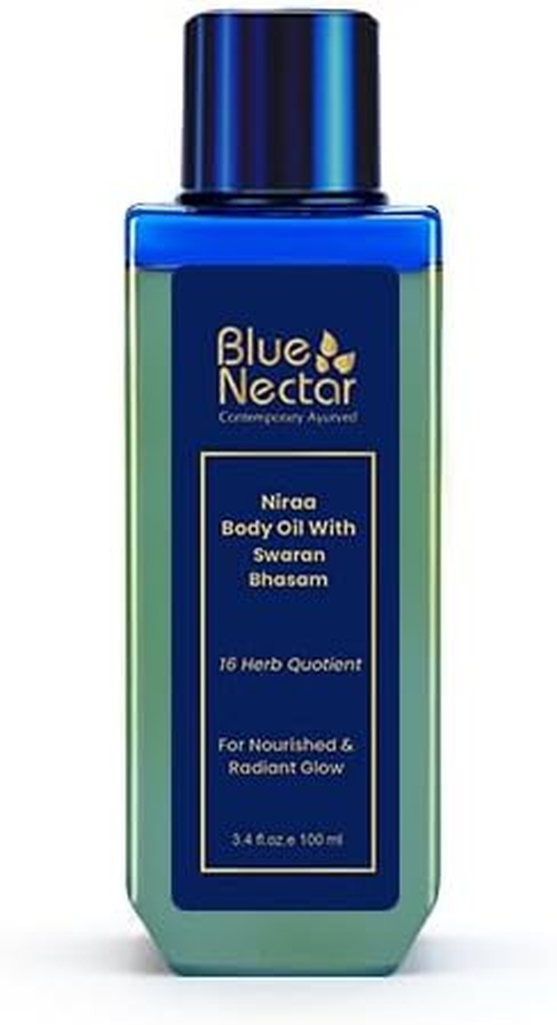 Blue Nectar Body Oil with 24K Swaran Bhasam for Glowing Skin | Ayurvedic Body Oil for Dry Skin | Nourishing Oil with 24K Gold & Shimmer (16 Herbs, 100Ml) image number 5