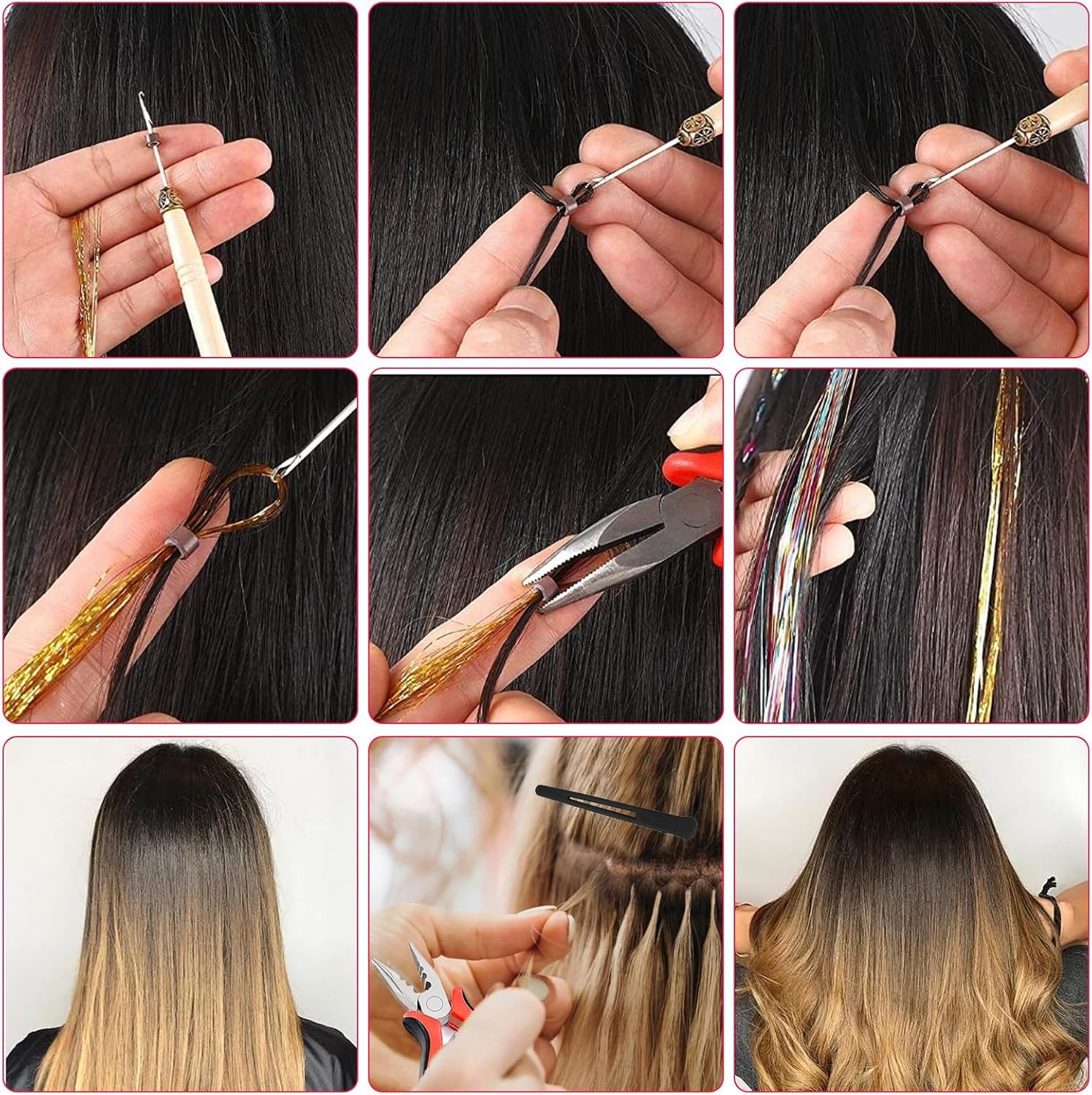 Tinsel Hair Tinsel, 90 Cm Hair Tinsel, 800 Strands Hair Strands for Braiding, Hair Extensions with Accessories, Hair Glitter Strands, Hair Nanoring Extensions, Micro Ring Extensions Accessories