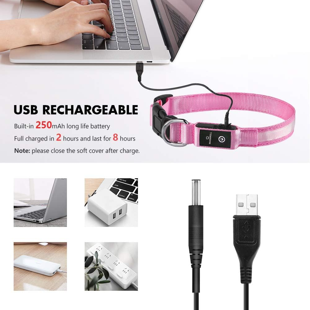 MASBRILL Light up Dog Collar-Rechargeable LED Dog Collar Night Walking Glow Collar Flashing Lighted Dog Collar for Small Medium Large Dogs