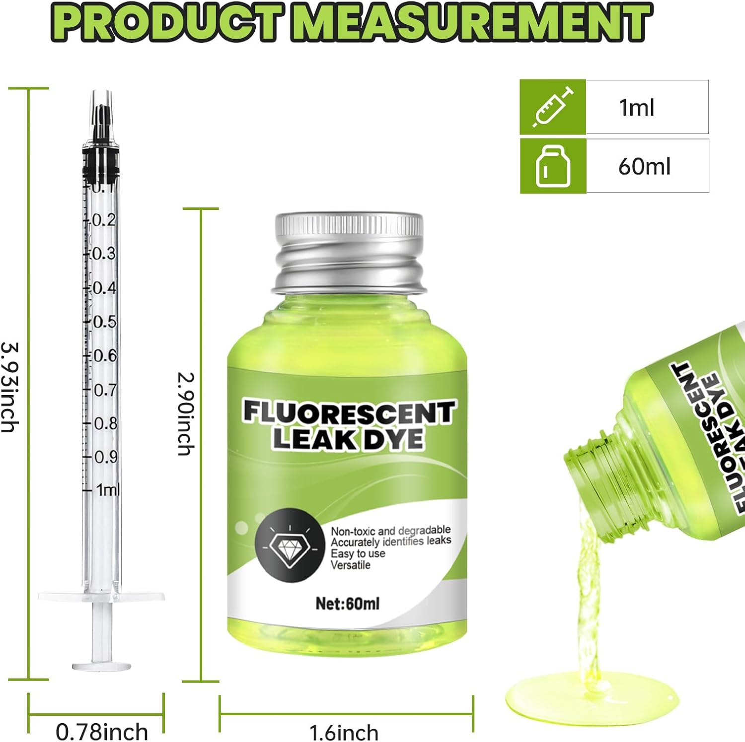 Allony Fluorescent UV Dye, Leak Detection Tracing Dye, Green UV Dye Detector for Detecting Refrigerant Gas Leaks in Vehicle Air Conditioning Systems, Includes R134A Adapter 60Ml