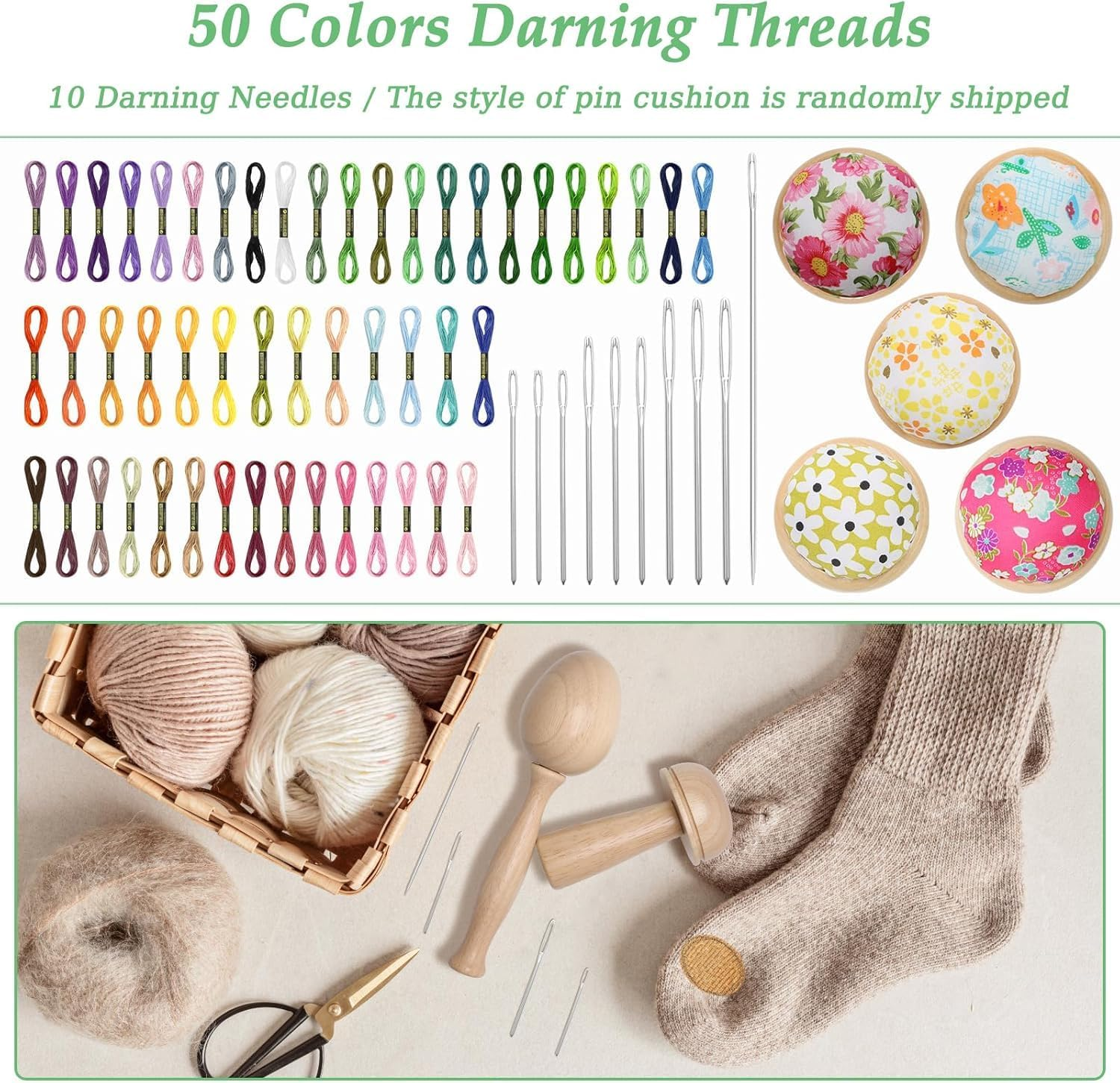 Darning Egg Darning Mushroom for Socks Darner Egg Kit Include 14 Hooks Small Weaving Darner Loom 9 Large Eye Needles 50 Colors Thread for DIY Handicraft Home Sewing Care image number 4