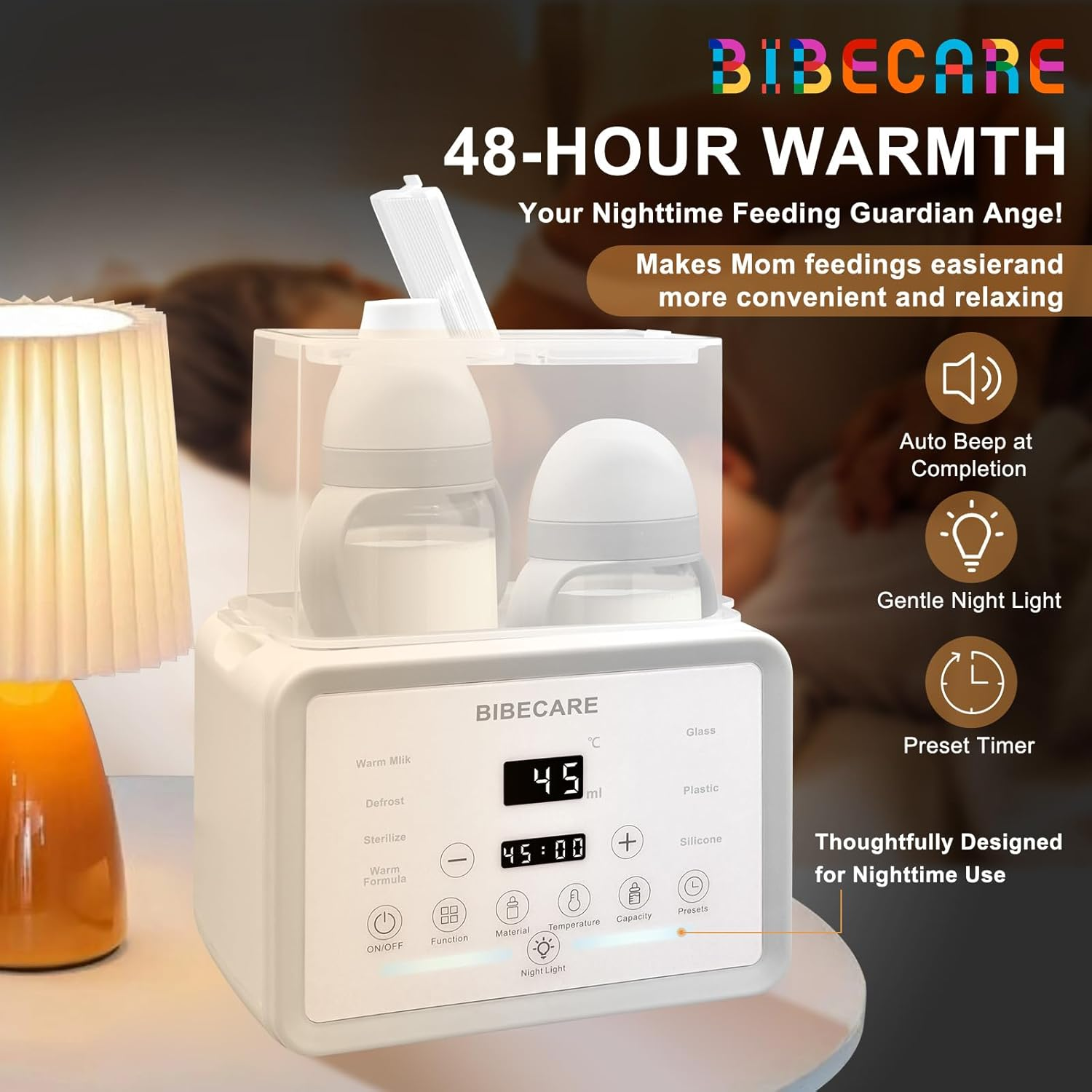 Bottle Warmer for Breastmilk & Formula &ndash; Baby Double Bottle Heating with Temp Display, Keep Warm 48H, Defrost, Clean Steam, Night Light, Bpa-Free &ndash; Fits Glass & Plastic & Silicone Bottles image number 3