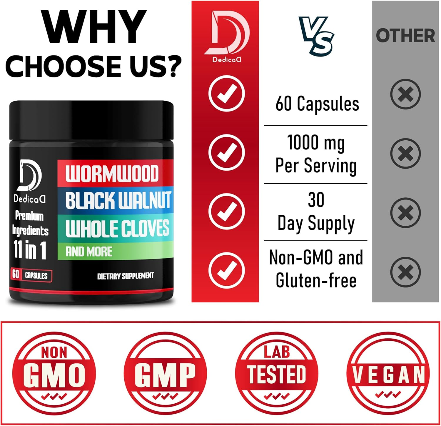 DEDICAD Wormwood Capsules Supplement - Extracted from Black Walnut, Cloves, Turmeric, Apple, Berberine Hcl & More - 11 Ingredients Combined for Immune System, Body Management - 60 Capsules image number 1