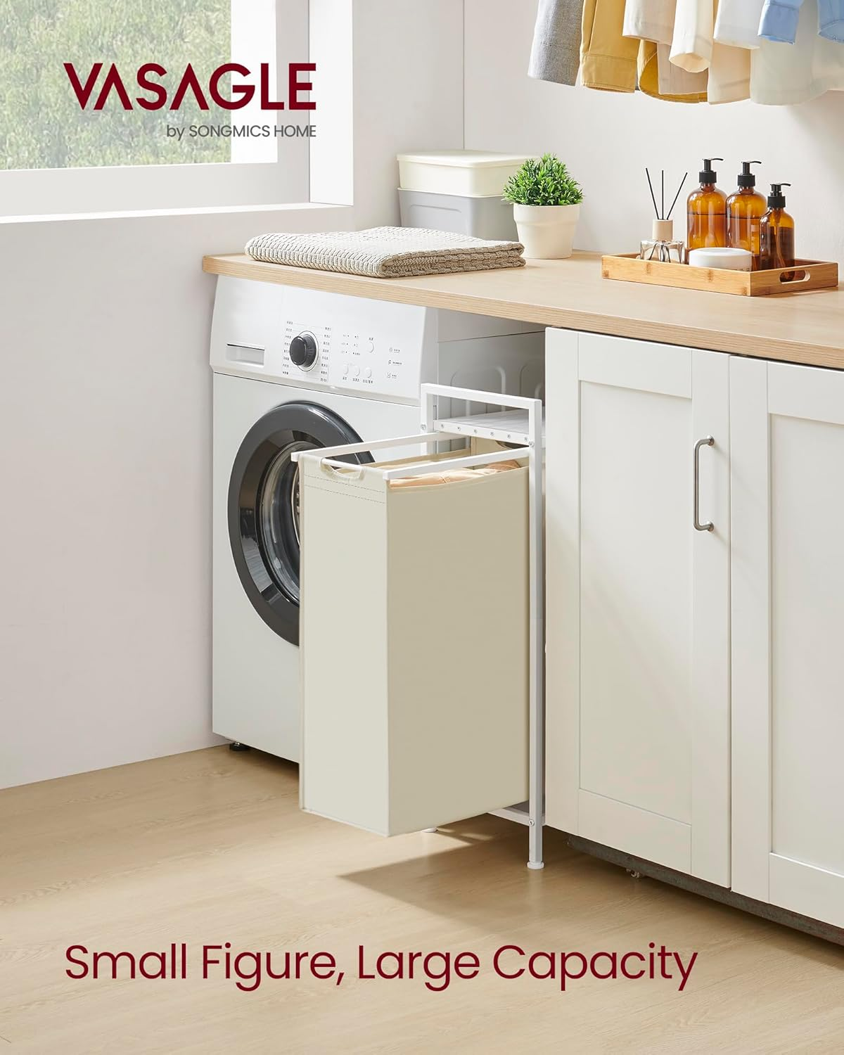 VASAGLE Laundry Hamper, Slim Laundry Basket, Laundry Sorter with a Pull-Out and Removable Bag, Shelf, Metal Frame, 12.7 Gallons (47 L), 16.5 X 11 X 29.5 Inches, Cream White and Cloud White UBLH001W01 image number 3