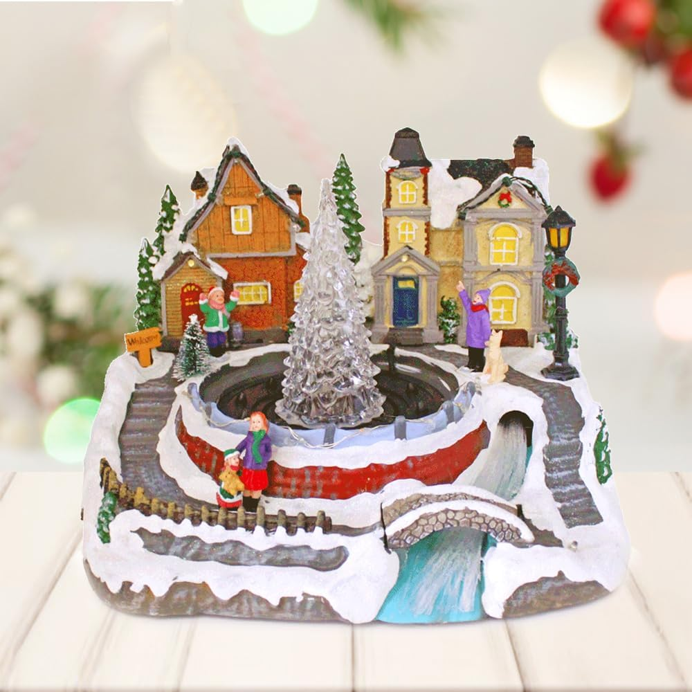 Christmas Village Snowy Fountain Milky Way River Musical Multicolor LED Light Up