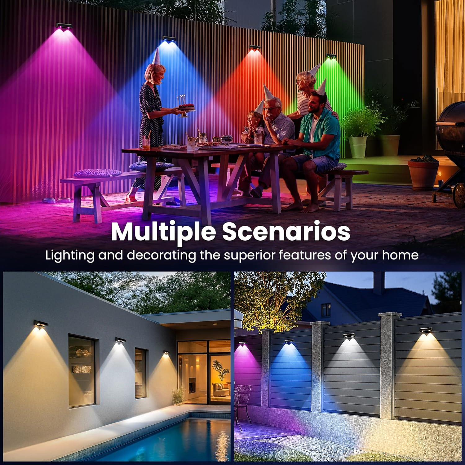 Solar Fence Lights Outdoor, 9 Fixed Colors ＆ Color Changing Fence Solar Lights Outdoor Waterproof IP65, LED Deck Lighting for Wall Step Patio Railing Pool Backyard Porch(4 Pack) image number 4