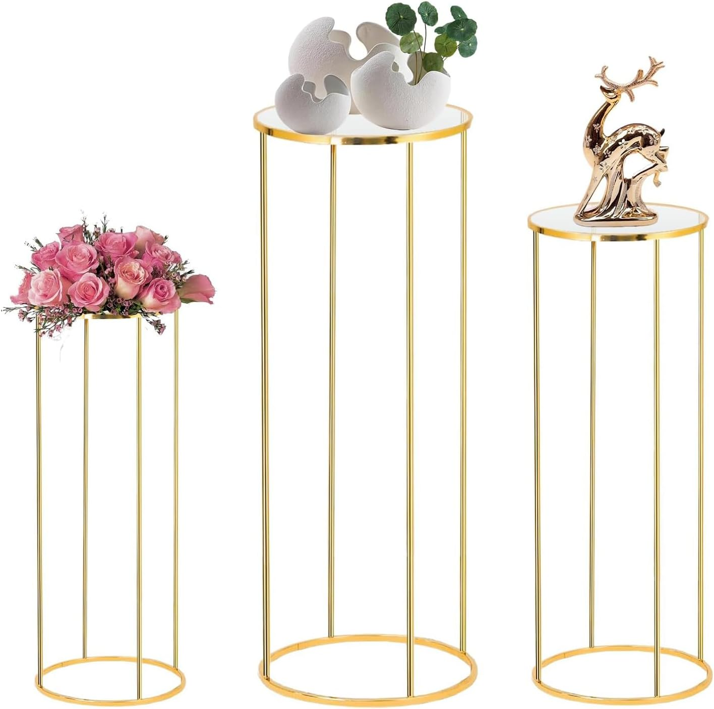 Cylinder Pedestal Stands for Parties, Metal Cake Table round Stand, Display Cylinder Tables for Birthday Party Wedding Living Room Patio, 3PCS Gold image number 5