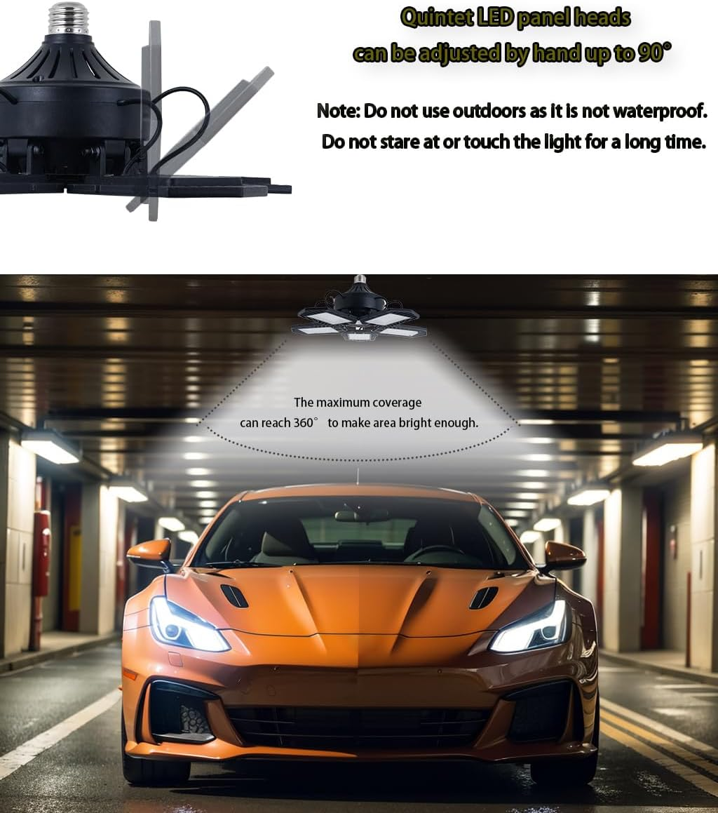 Motion Activated Deformable LED Garage Light E27 Ceiling Lights, Motion Sensor LED Workshop Light 7500LM Aluminium Lamp 360 Degrees 80W with 5 Adjustable Panels Quintet LED Lighting for Garage Attic image number 5