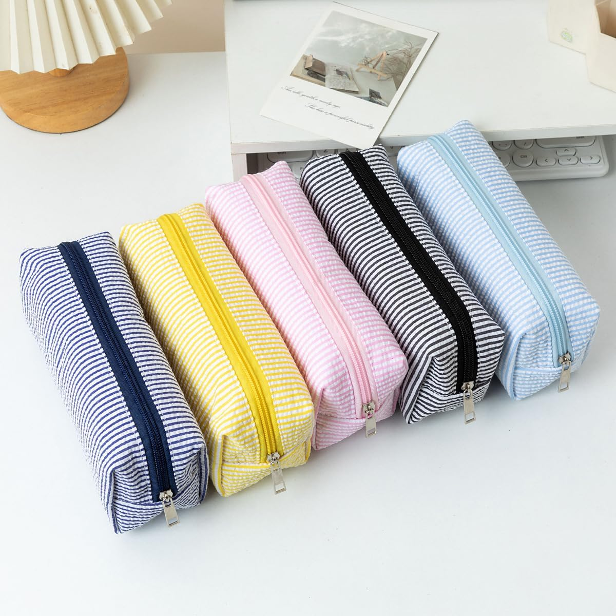 Hfhungkeong Cute Pencil Case, Seersucker Pencil Bag Desktop Stationery Finishing Large Capacity Embroidery Striped Travel Storage Bag, Multifunctional Cosmetic Pouch(Light Blue) - Light Blue image number 2