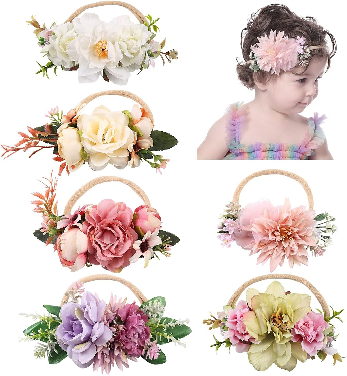 Cinaci 6 Pack Delicate Floral Rose Daisy Flower Super Stretchy Soft Nylon Headbands Hair Bands Accessories for Baby Girls Newborns Infants Toddlers Kids image number 5