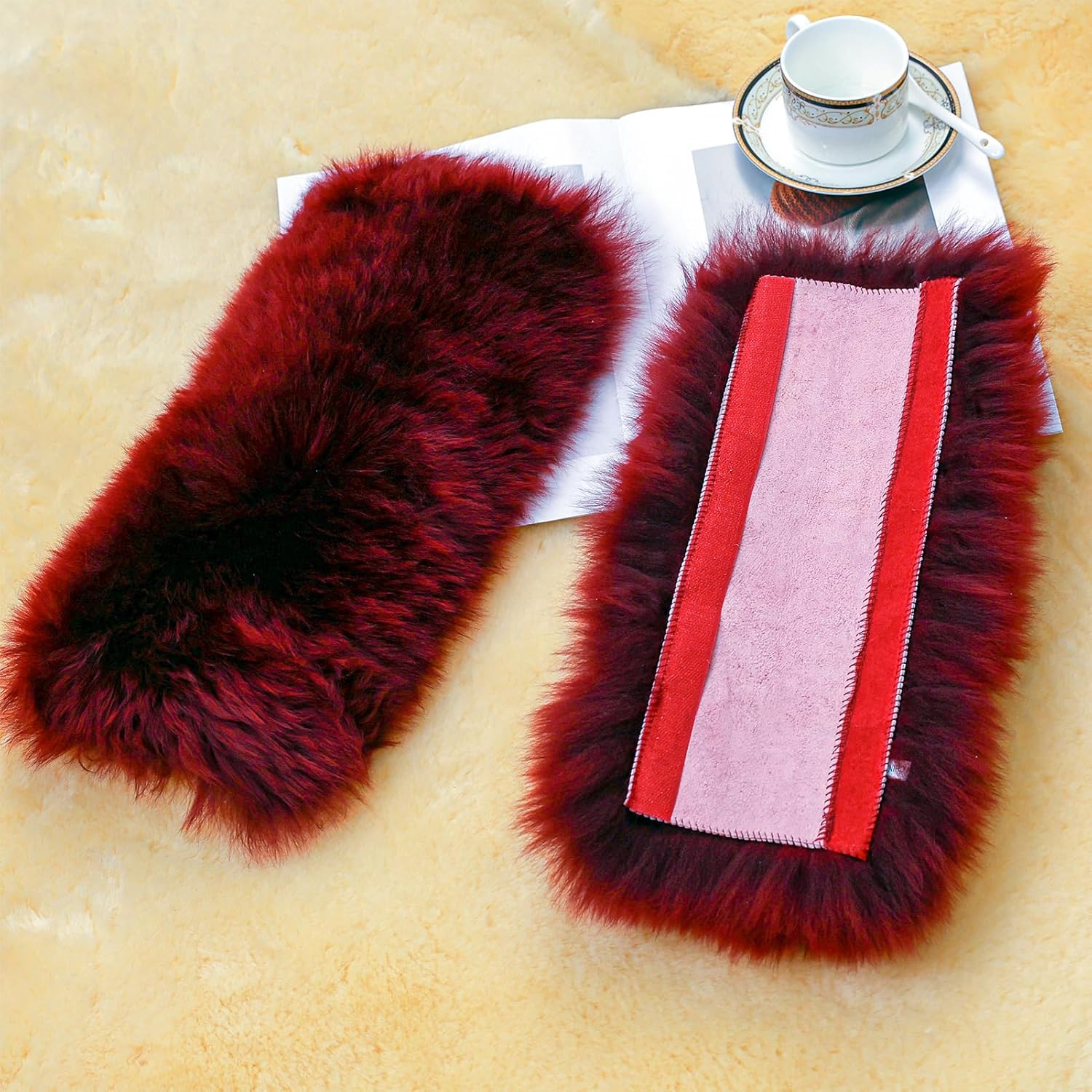 OGLAND 13.4Inch Big Plush Soft Wool Sheepskin Seat Belt Covers, Fluffy Seatbelt Pads for Pacemaker Adults Kids Women Universal Car Cushions,1 Pack Dark Red image number 5