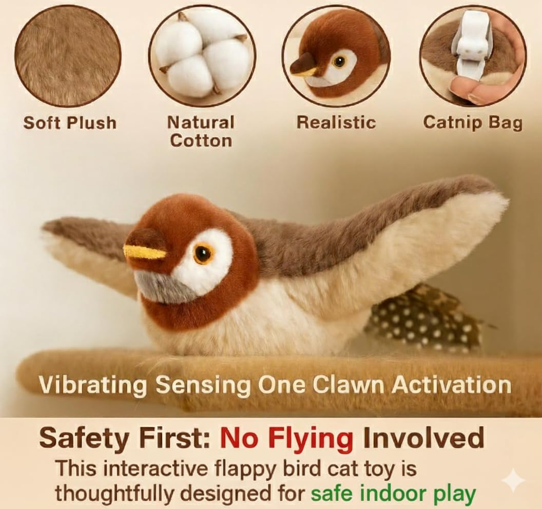 Aleena Enterprises LLC Flappy Flying Bird Cat Toy &ndash; Interactive Sparrow with Flapping & Chirping Sounds (NO Flying), Indoor Exercise Toy for Bored Cats (Sparrow Large) image number 2