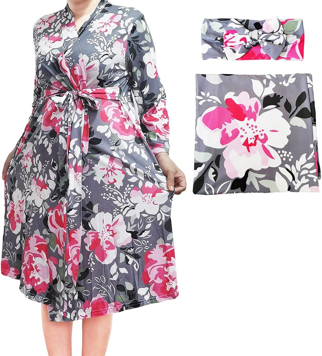 SUFEINI Maternity Robe and Matching Baby Swaddle Blanket Set, Mommy Robe with Receiving Blanket Girls Boys Sleepwear, A31-Green, Small image number 5